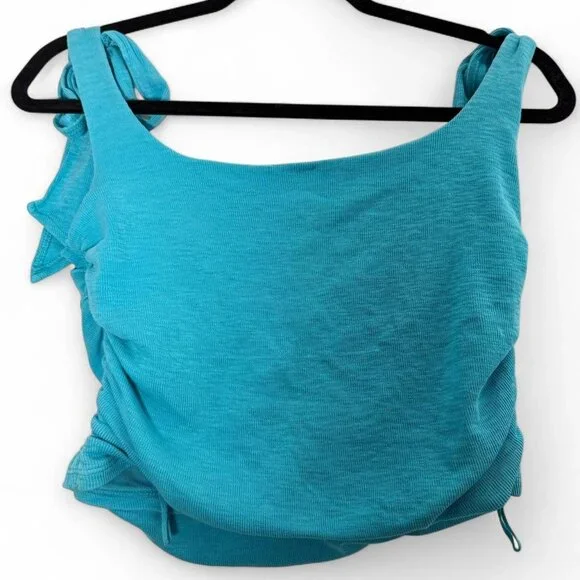Free People Boulevard Bow Tie Strap Ruched Sides Cotton Rib Tank Top Aqua Size L - Picture 6 of 9